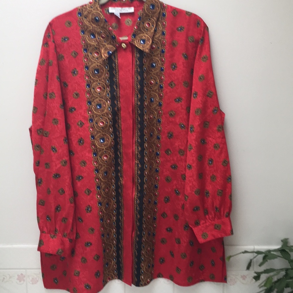 Laura and Jane size 1X Vintage Blouse tunic red blue gold jewel tones